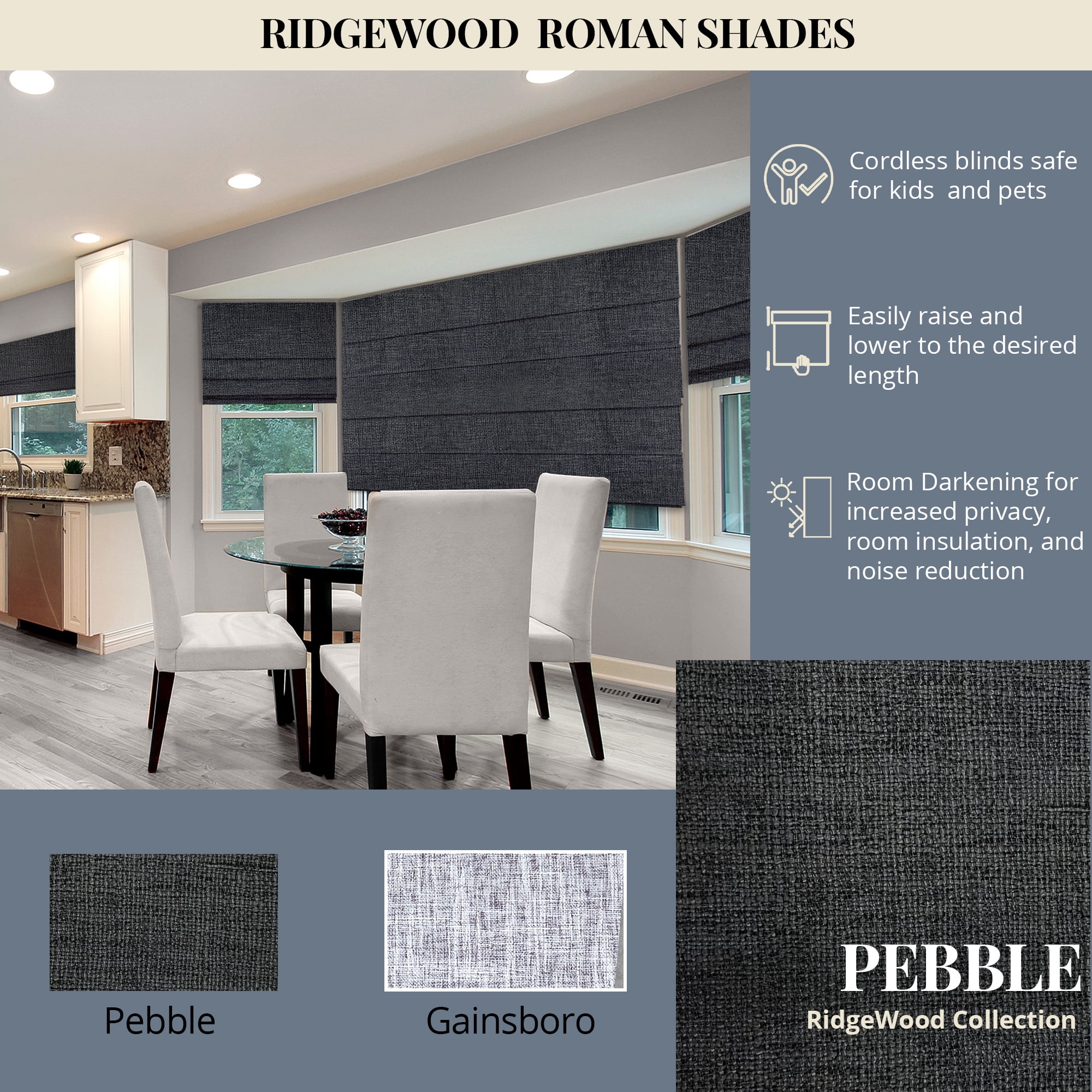 Chicology Cordless Roman Shade, Blackout, Lexington Pebble, 35"W X 72"H