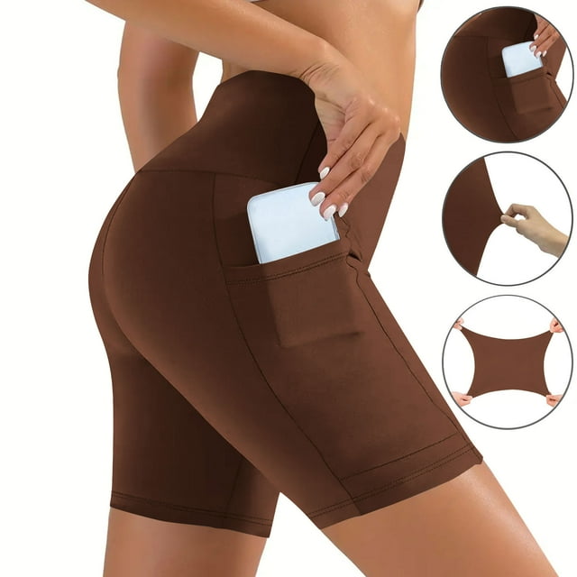 TaTaai Women's High Waisted Yoga Shorts with Pockets Solid Color Stretchy Athletic Workout Shorts Non-See-Through Running Gym Fitness Tummy Control Shorts Gift