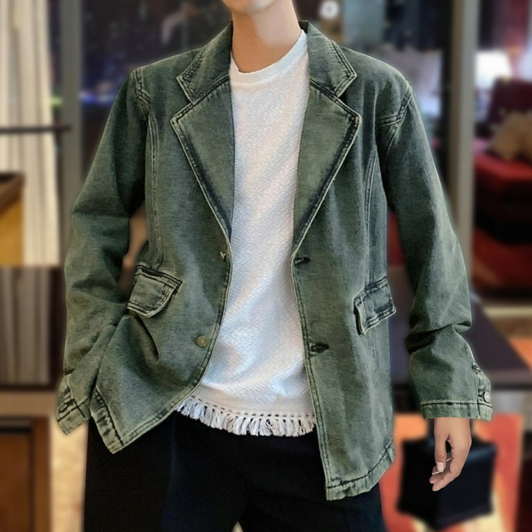 Olyvenn Men's Vintage 2 Button Denim Blazer Notched Lapel