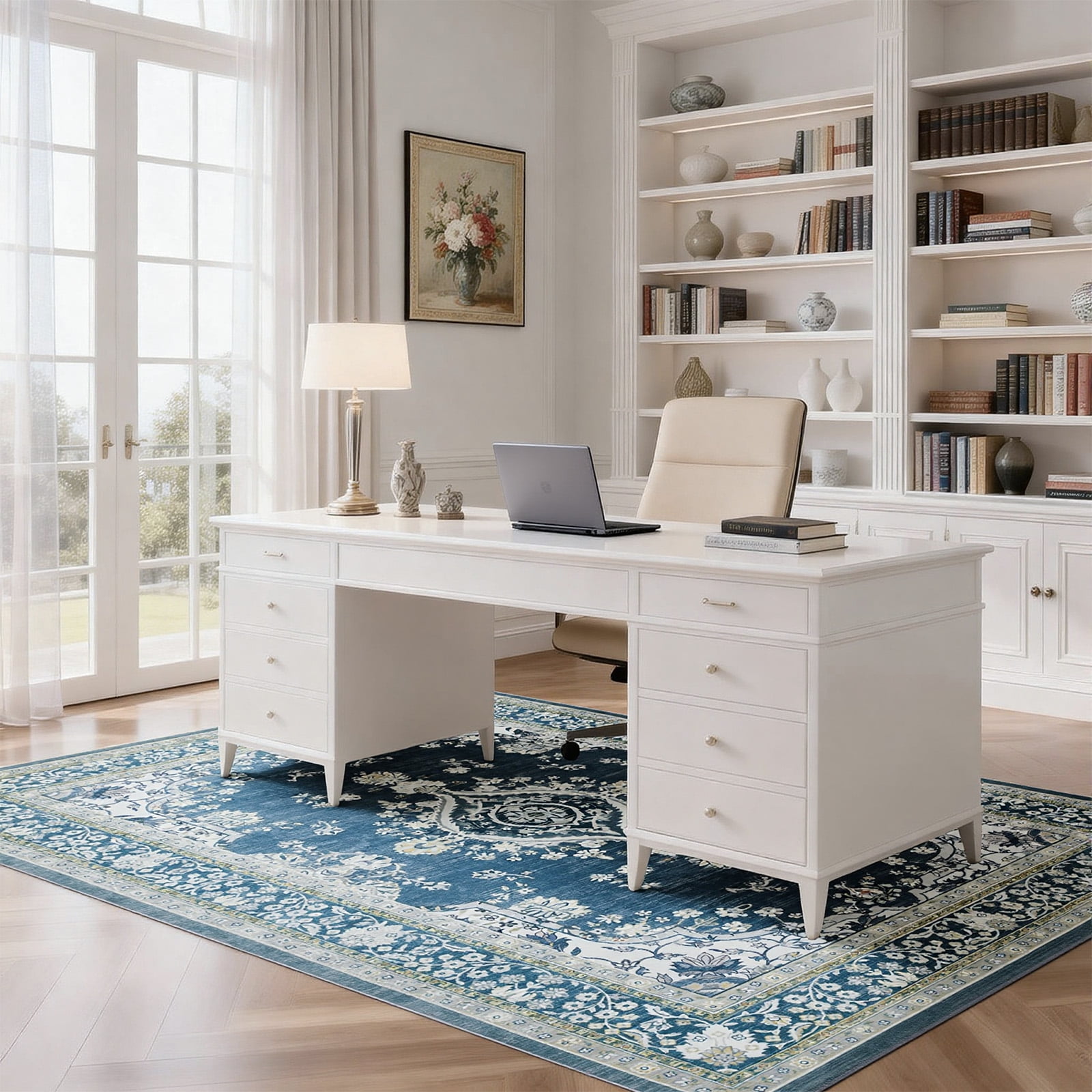 8'x10' Area Rugs for Living Room Washable, Blue Medallion  Vintage Boho Non Slip Rug- Oriental Traditional Farmhouse Carpet for Bedrooms Dining Room, Living Room, Home Office.