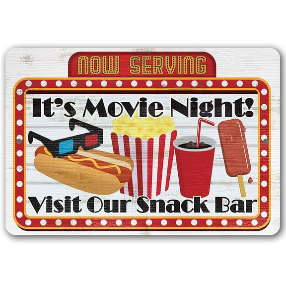 Metal Sign - Now Serving Movie Night - Durable Metal Sign - Use Indoor/Outdoor - Makes a Great Theater Snack Bar Sign and Decor Under $25 (12" x 18")