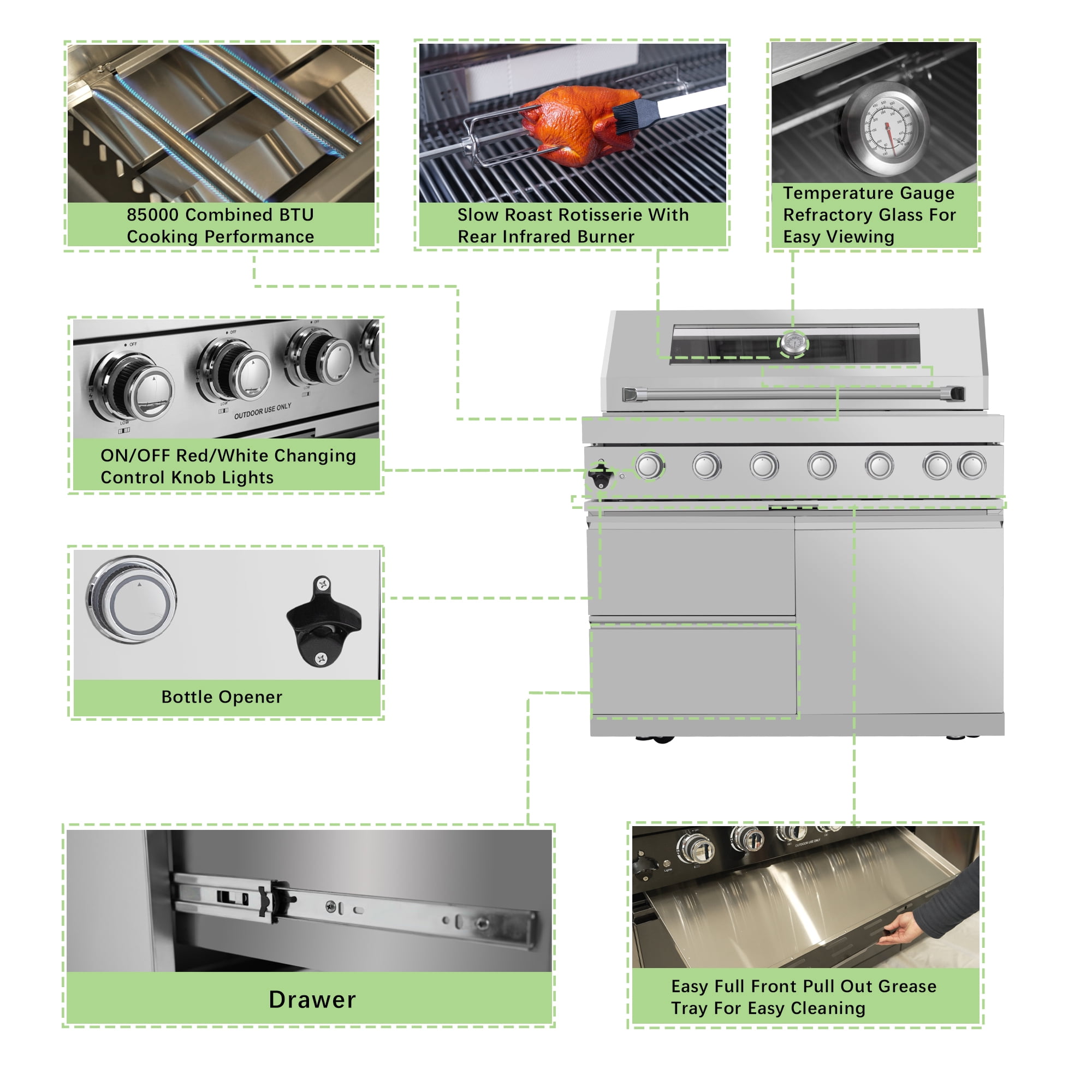 Daheat Stainless Steel Modular Outdoor Kitchen Gas Grill Island with 6-Burner 85000 BTU Grill, Wine Cooler, Fridge, Rotisserie, Granite Top & Storage