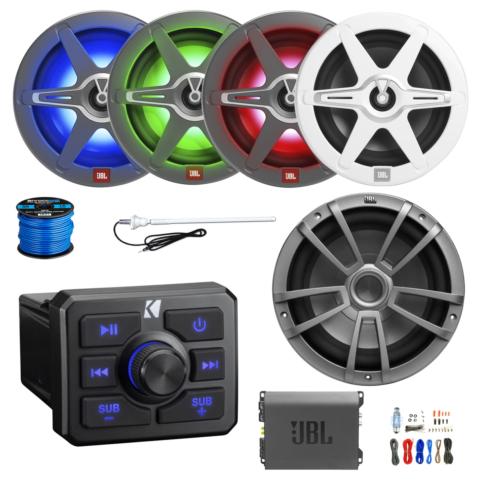 Kicker 51KBTR Marine USB Bluetooth Receiver, 4x 8" 450 Watt 2-Way Multicolor LED Outdoor Speakers, 10" Subwoofer, 4-Channel Amplifier w/Install Kit, Radio Antenna, Wire