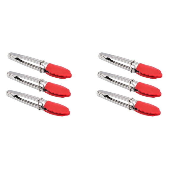 Small Tongs with Silicone Tips 7 Inch Kitchen – Set of 6 - Perfect for Serving Food, Cooking, Salad, Grilling Red