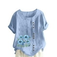 thumbnail image 3 of DDAPJ pyju Linen Tops for Women Short Sleeve Floral Print Tshirts Loose Fit Round Neck Casual Dressy Blouse Limited Time Sales Blue XXXL, 3 of 5