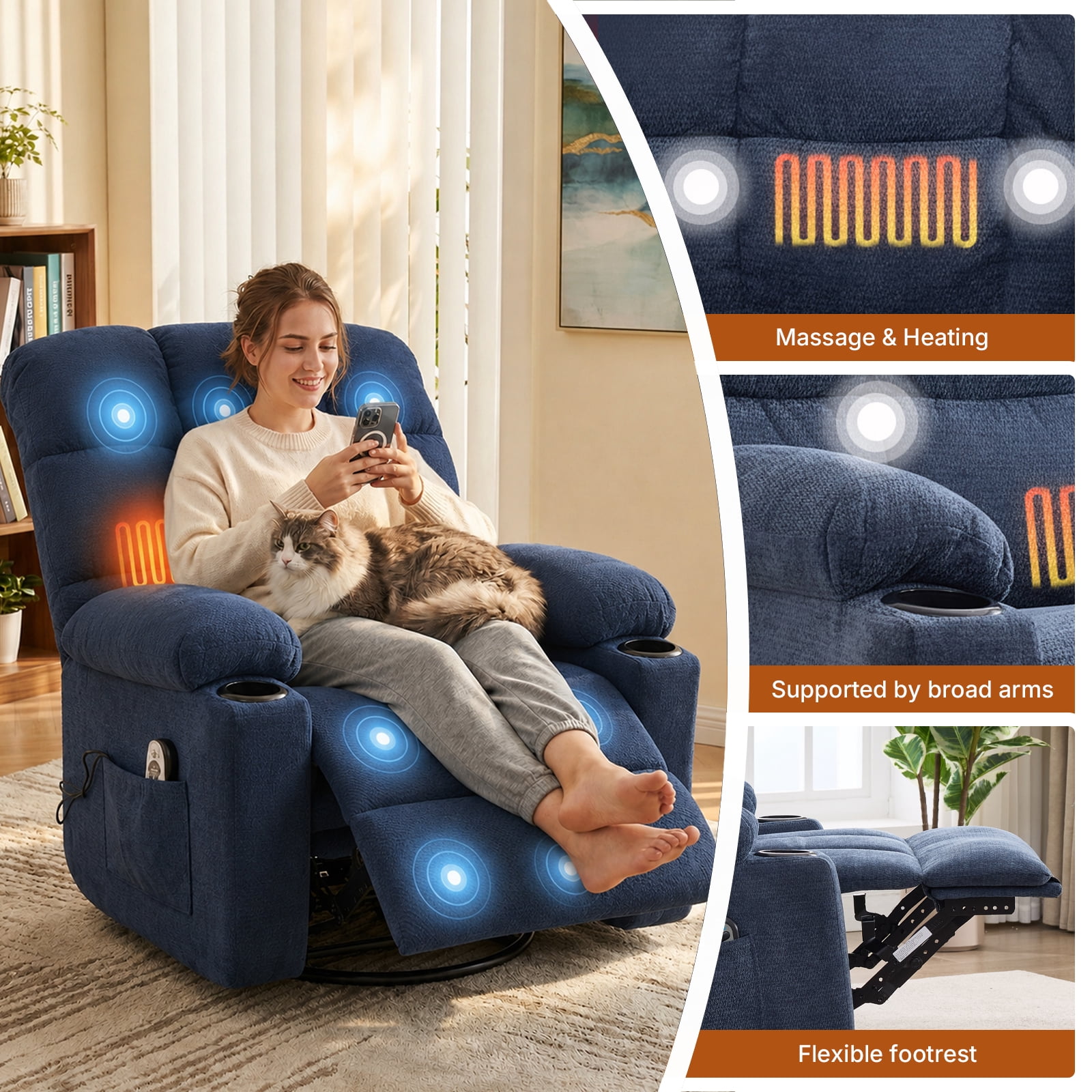 360 Swivel Manual Recliner Chair with Heat and Massage, Overstuffed Comfy Ergonomic Recliner for Elderly Seniors, Lumbar Back Pain Relief w/Pockets, Home Theater Living Room, Blue