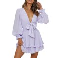thumbnail image 3 of Vestido de manga larga para mujer Escote en V profundo Color liso Vestido de primavera y verano Cintura alta S-3XL Mini vestido de talla grande SAYOO moda, 3 of 6