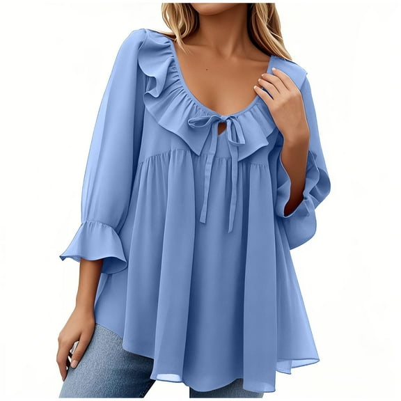 Fmbrln Womens Ruffle 3/4 Sleeve Blouse Fashion V Neck Lacing Tiered Solid Color Tops Casual Office Business Work Shirts Blue XL
