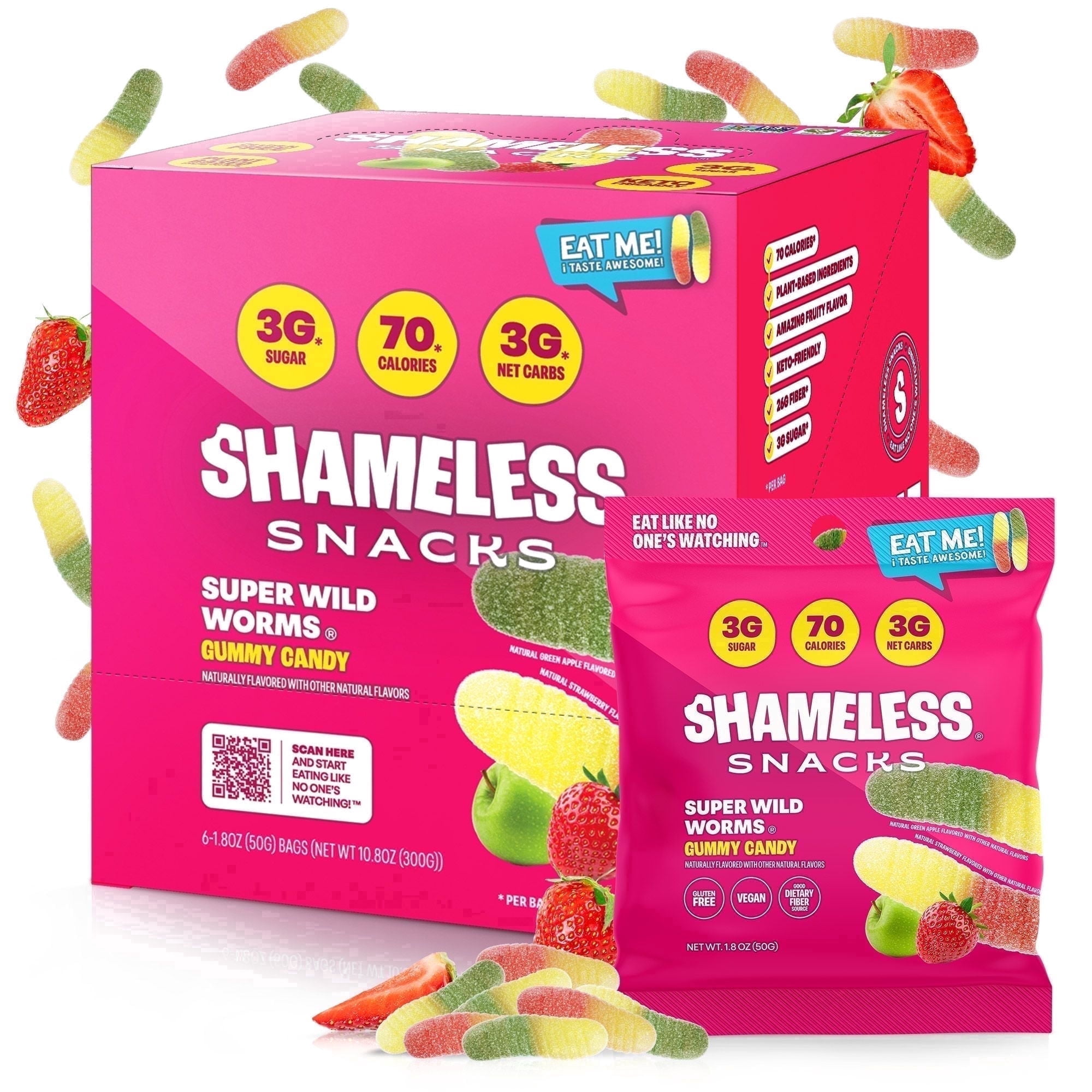 Shameless Snacks - Low Calorie Snacks, Low Carb Keto Gummies (Gluten Free & Non GMO Candy) - 6 Pack Wild Worms
