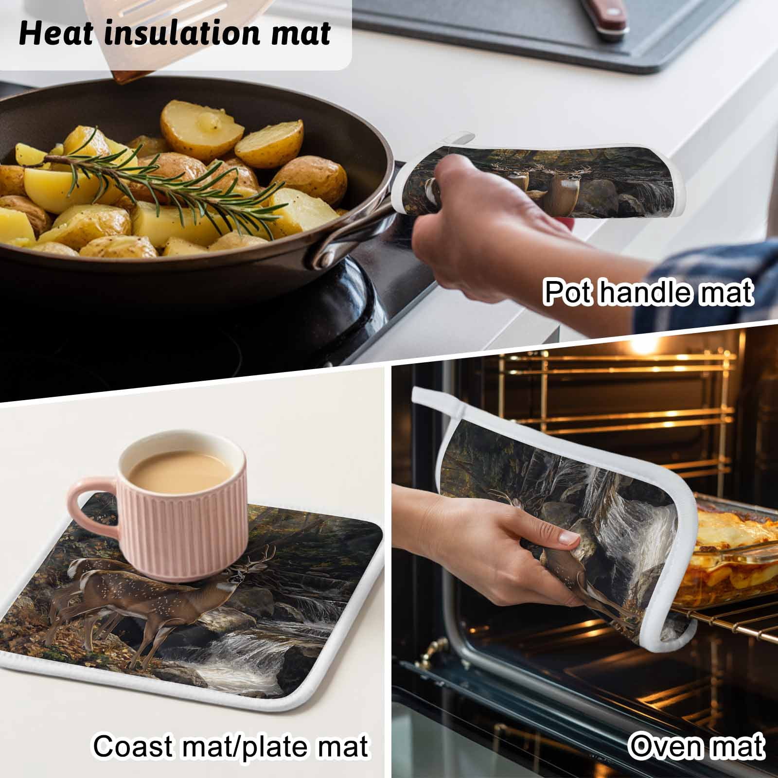 Forest Deer Pot Holders for Kitchen Heatproof Potholder, 3 Pack Farmhouse Vintage River Elk Hot Pads Multipurpose Oven Pads Cloth Potholders Trivet for Cooking Baking
