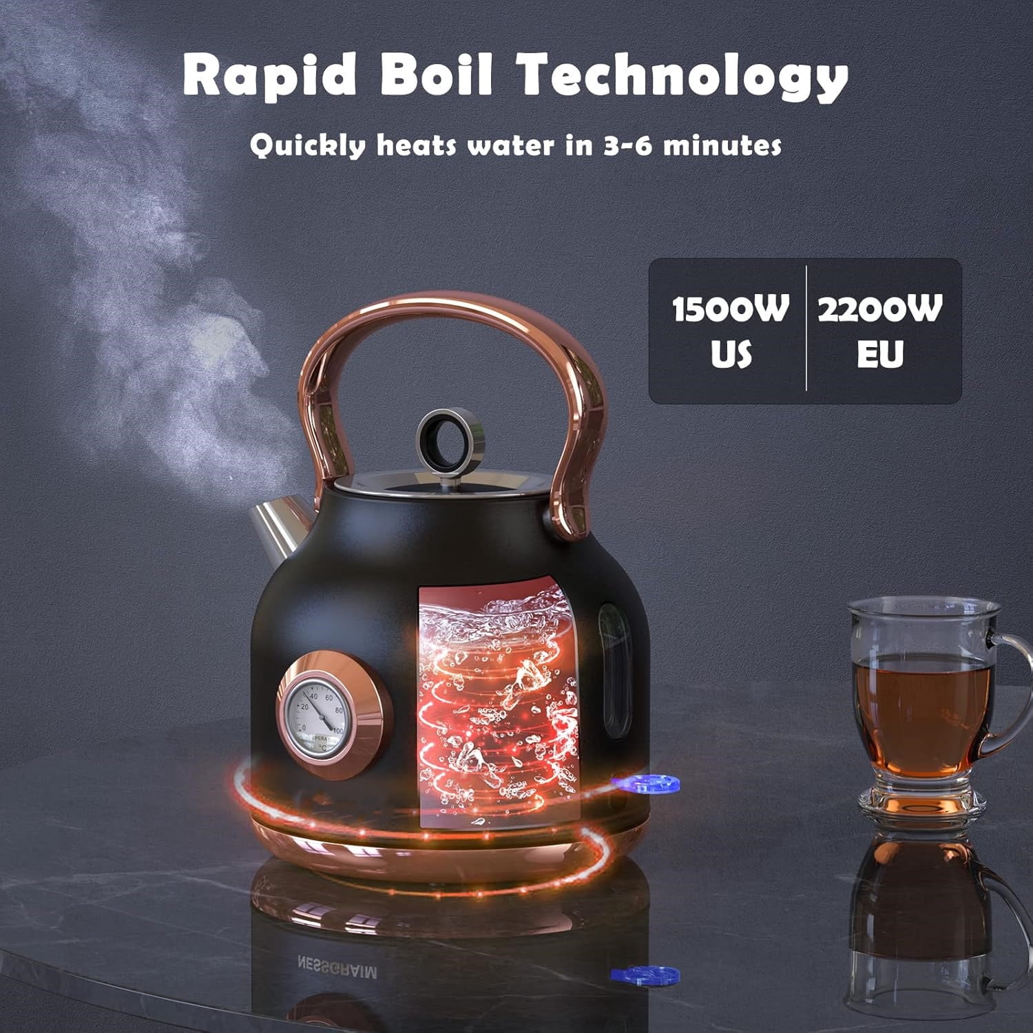 Retro Electric Kettle, 1.7L Stainless Steel Tea Kettle with Large Temperature Gauge, 1500W Fast Heating Hot Water Boiler with LED Indicator, Auto Shut-off & Boil-Dry Protection Black