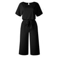 thumbnail image 3 of JDEFEG Boiler Suit Women Women Casual Jumpsuit Round Neck Solid Color Junpsuit Short Sleeves Belted Wide Elegant Leg Pant Jumpsuit Jumpsuit Workpolyester,Spandex Black S, 3 of 5