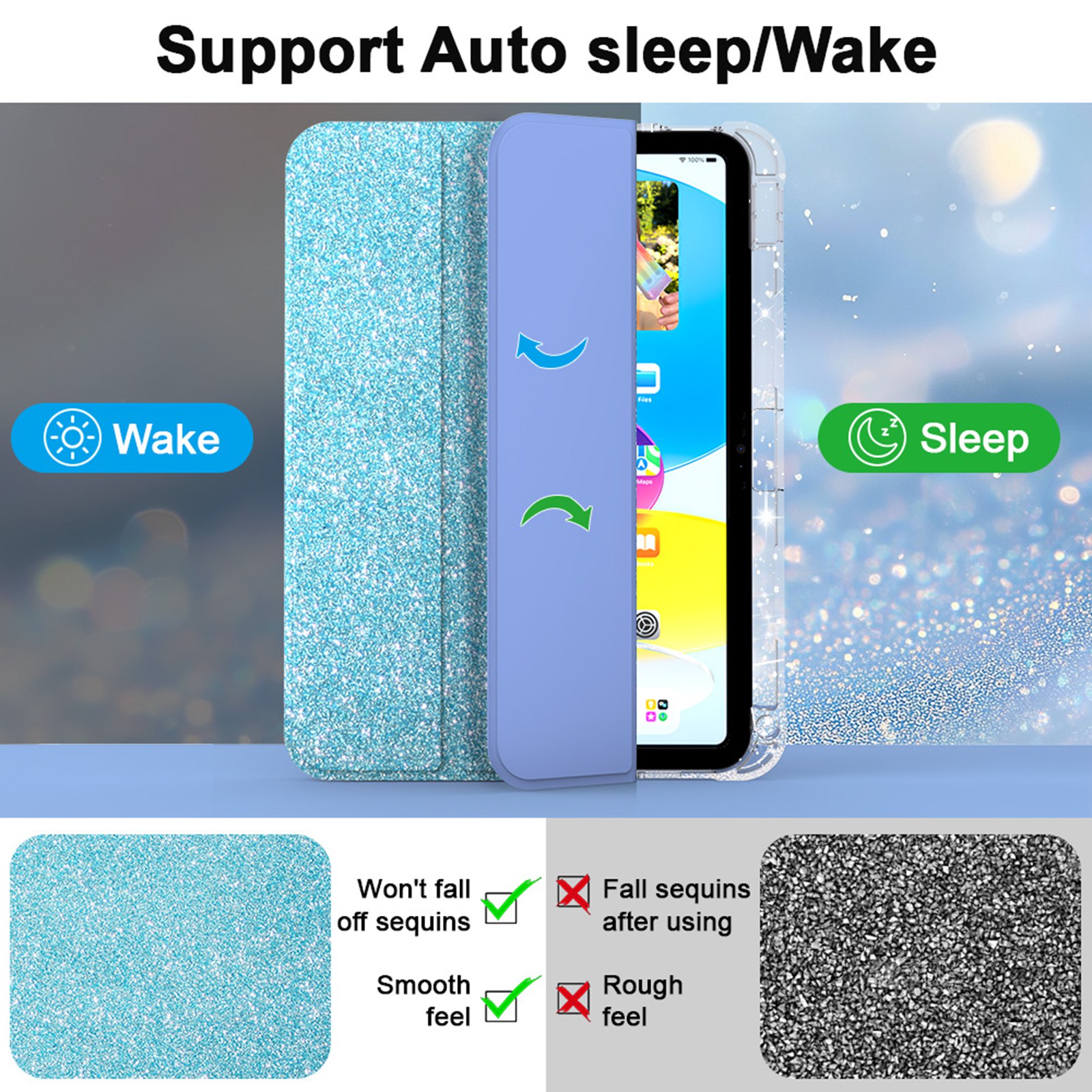 ELEHOLD Glitter Case for Apple iPad 9th/8th/7th Generation  with Pencil Holder,  Auto Sleep/Wake Magnetic Stand Cover, Sparkly Clear Back Shell with Tri-Fold Stand , Blue