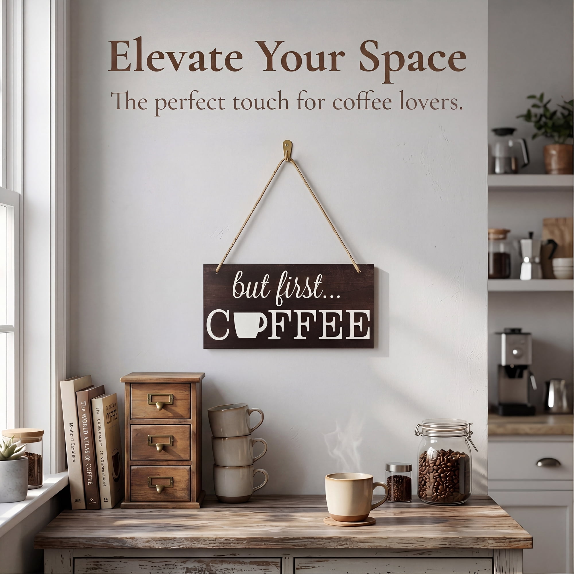 Unique Bargains Coffee Bar Sign Station Decor Rustic Wood Hanging Plaque Style H 3.9in