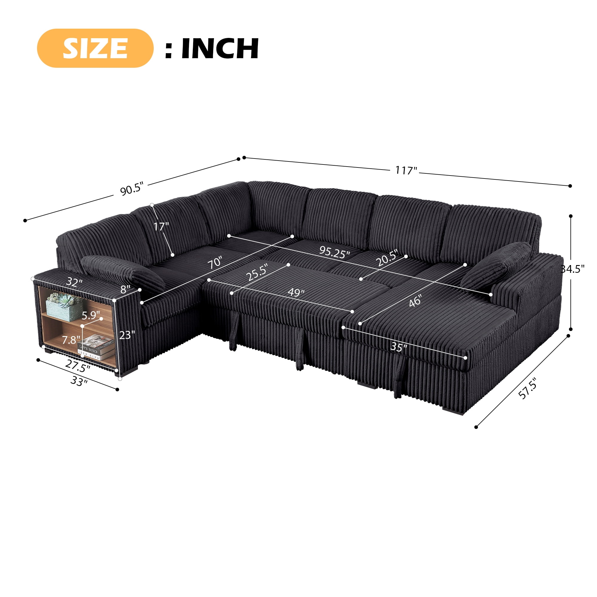Gewnee 117 inch Sectional Sofa with Pull Out Bed,U-Shaped Modular Sectional with Storage,Cloud Couch for Living Room,Family Room & Apartment,Dark Grey
