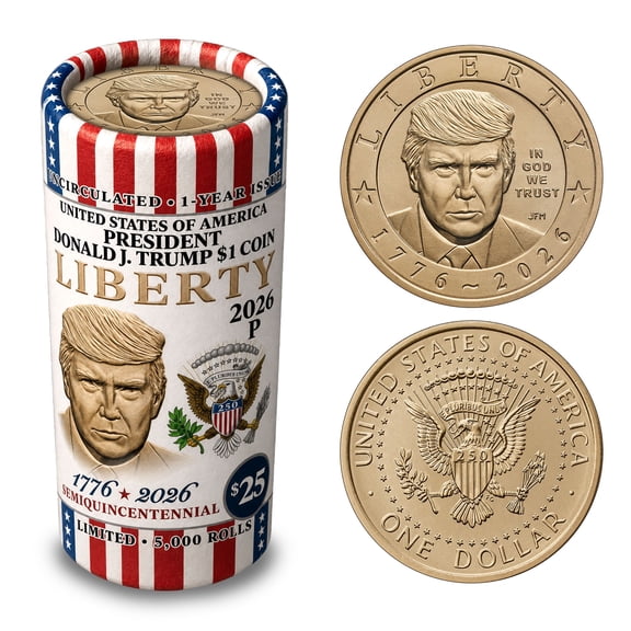 Collectible President Donald J. Trump 2026 $1 Coin Roll • Liberty Vertical Design • 25 Brilliant Uncirculated Coins • Limited Edition of 5,000 Rolls