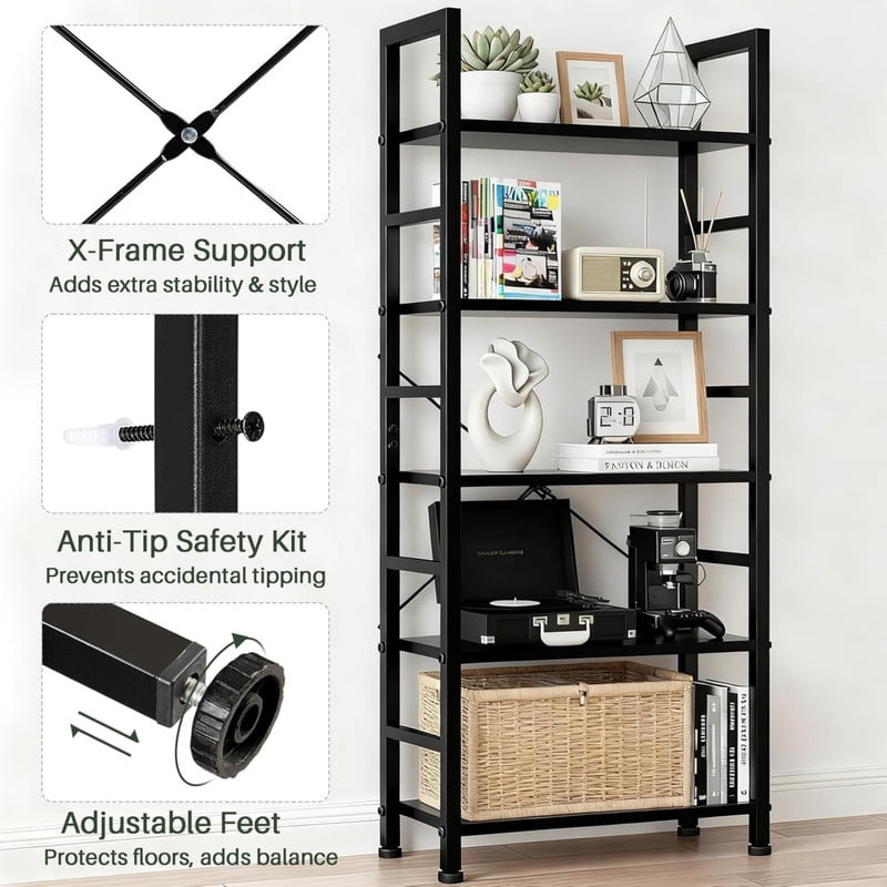 Kelno 5-Tier Bookshelf 62"x24" Industrial Storage Shelf Free Standing Bookcase Metal Frame Bookcase with Open Storage Shelves,Black