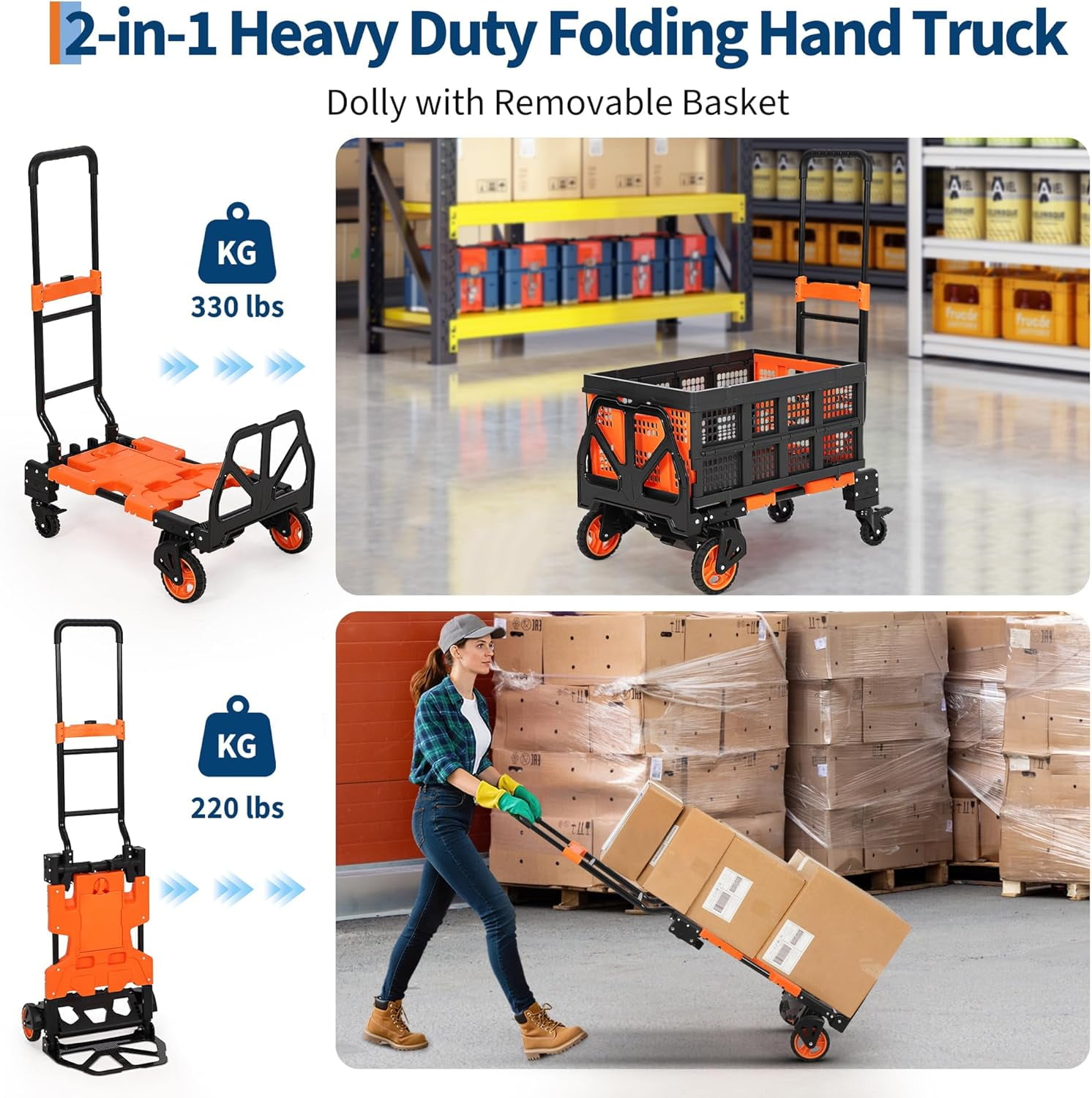 Historyli 2-in-1 Folding Hand Truck Dolly Cart with Wheels, Heavy-Duty Foldable Grocery Cart with Retractable Handle, Orange