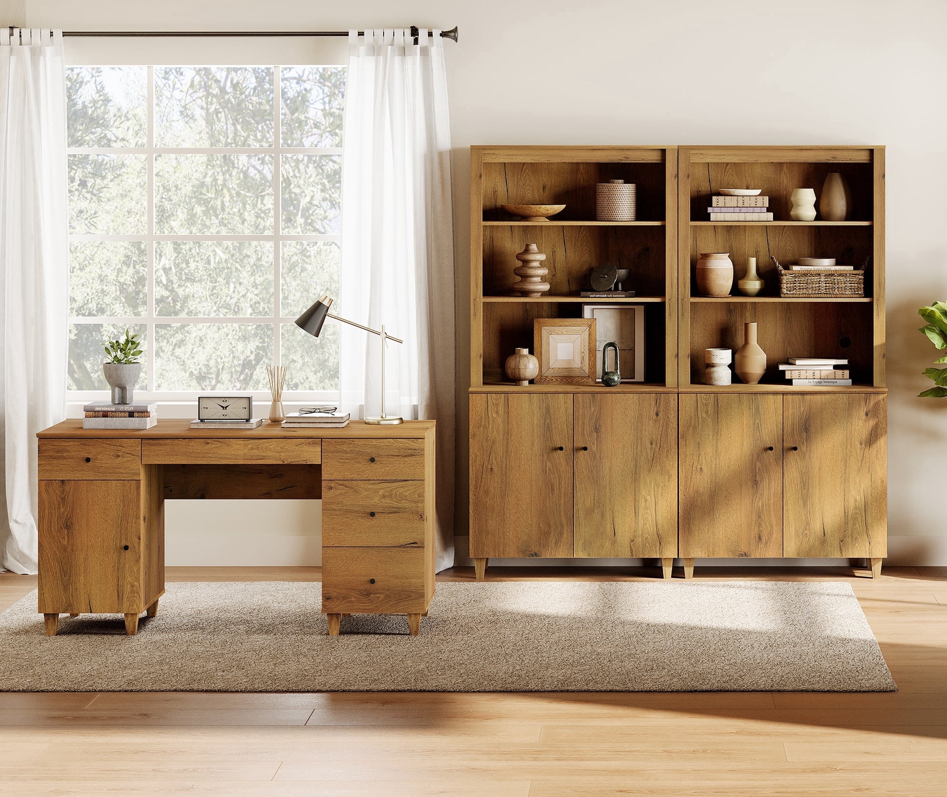 WAMPAT Home Office Furniture Set, 58" Executive Desk with Charging Station and Cabinet, 2-Column 71" Tall Bookcase with Doors and Adjustable Shelves for Living Room, Dark Brown Wood