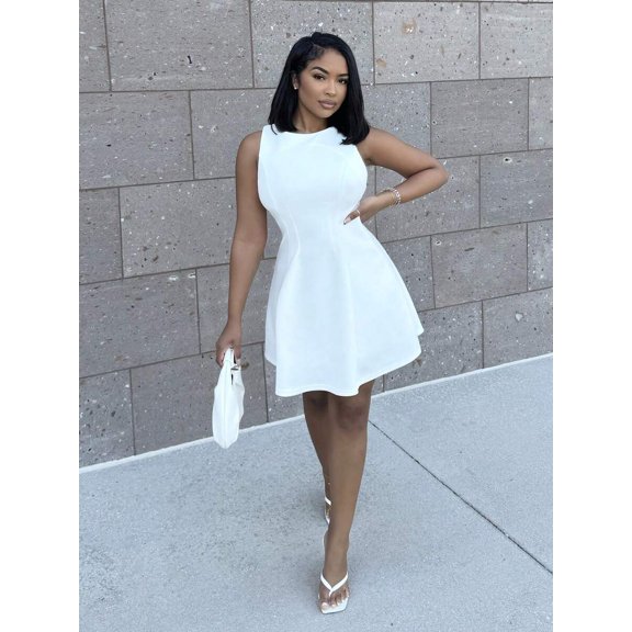 White Solid Color Sleeveless A-Line Waist Fitted Elegant Mini Dress For Women