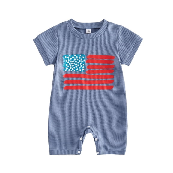 BemeyourBBs Newborn Baby Boy 4th of July Outfit Patriot Independent Day Clothes Summer Waffled Romper Short Sleeve USA Flag Print One Piece Jumpsuit Playsuit