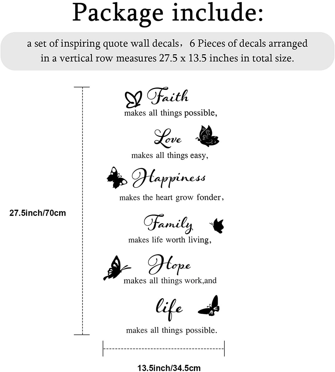 QTH 6 Pieces Vinyl Wall Decals, Faith Makes All Things Possible, Family Wall Decals Wall Stickers Quotes Inspirational Decals, Motivational Wall Quote Sayings Stickers Butterfly