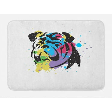 English Bulldog Bath Mat, Bulldog Portrait with Rainbow Style Color Splashes Simplistic Animal Design, Non-Slip Plush Mat Bathroom Kitchen Laundry Room Decor, 29.5 X 17.5 Inches, Multicolor, Ambesonne