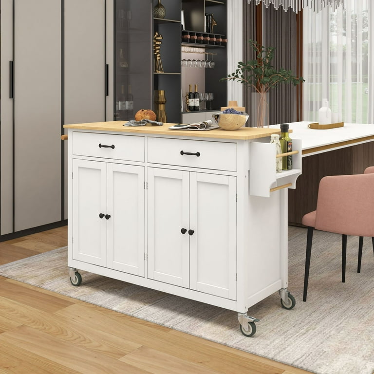 Movable Kitchen Island HANSHE Storage Cart with 4 Door Cabinets