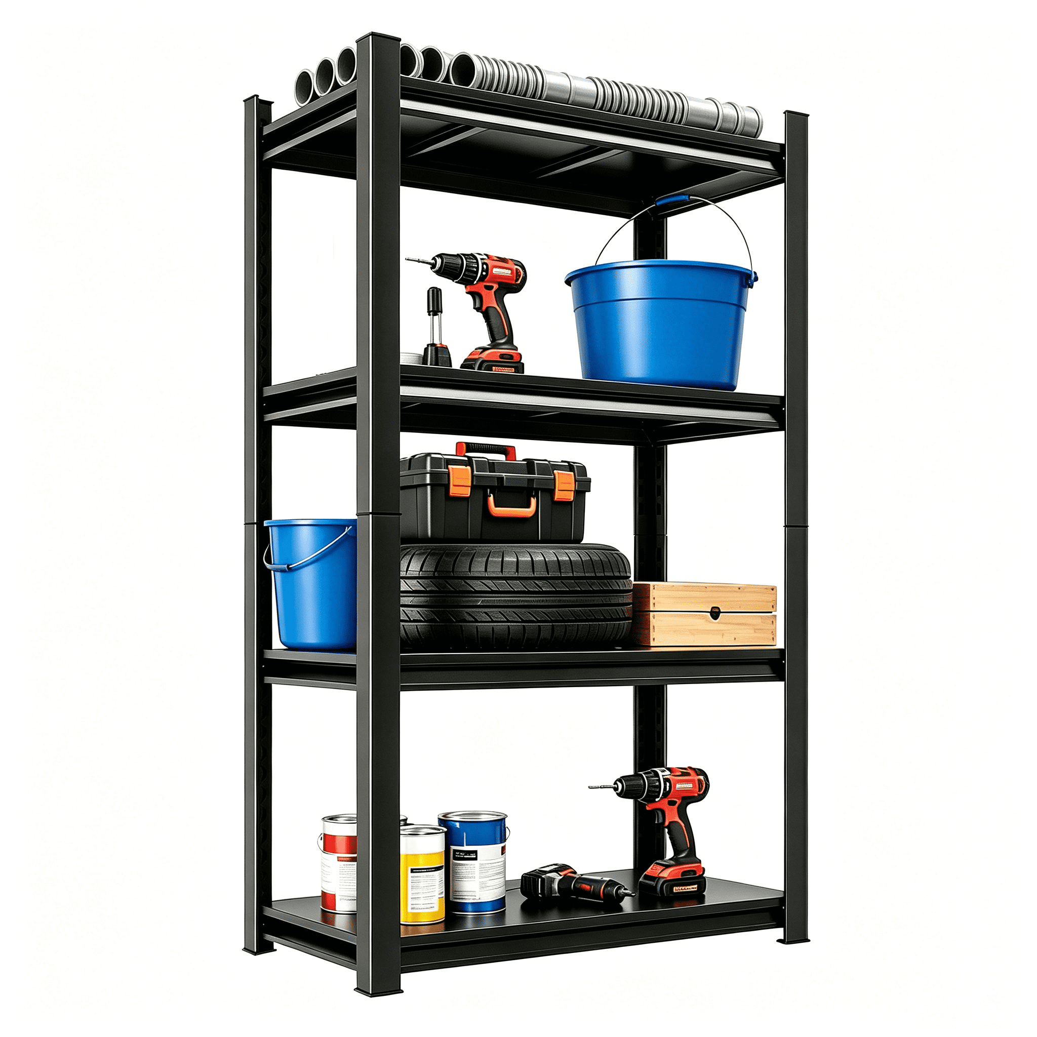 63" Tall Metal Storage Shelf, 1200 LBS Weight Capacity, 4-Tier Adjustable Height Storage Rack, Black