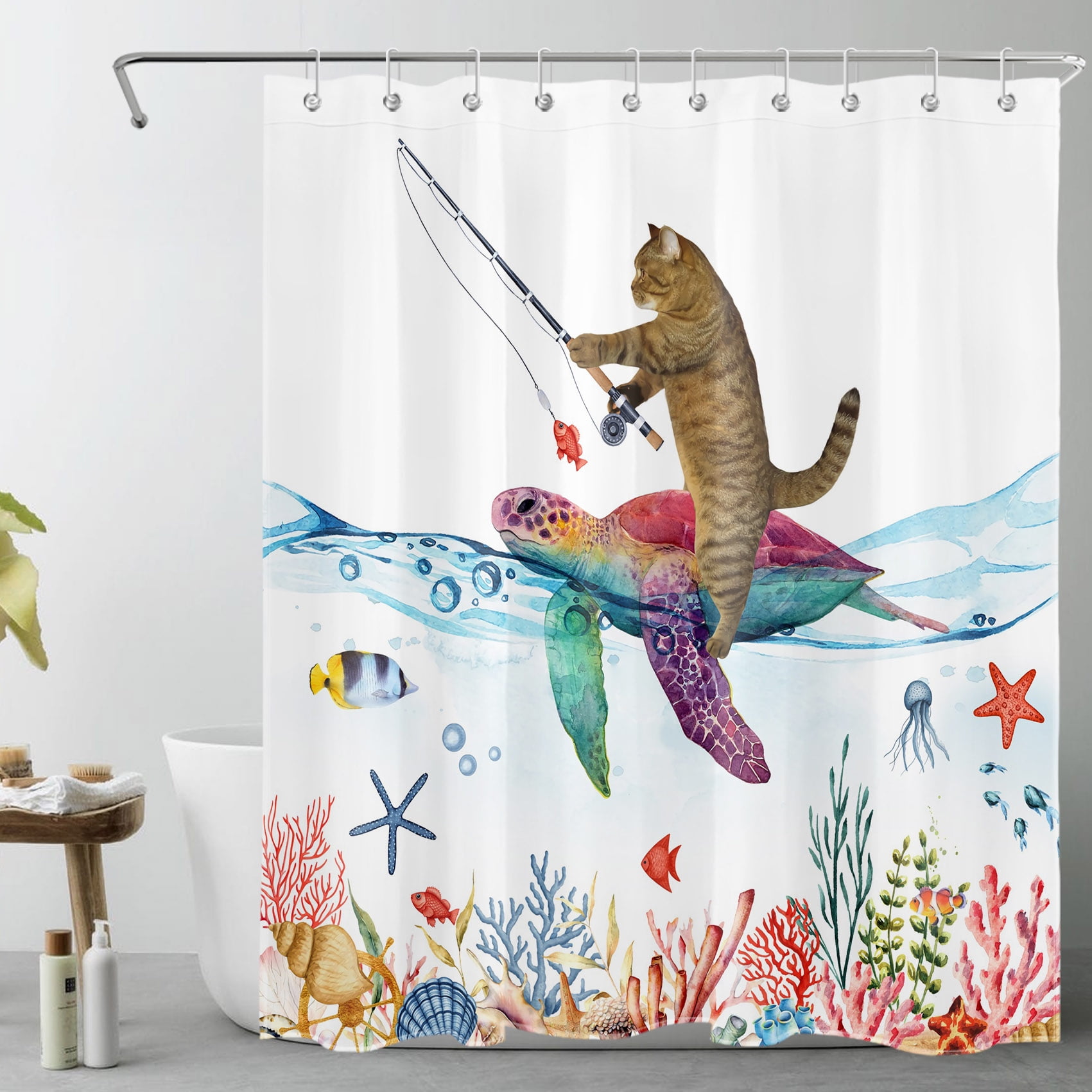 HVEST Funny Shower Curtain for Bathroom, Sea Turtle and Cute Cat Shower Curtain with Hooks, Coral and Marine Life under Ocean Print Polyester Fabric Curtain Bath Decorations, 60 X 72  Inches