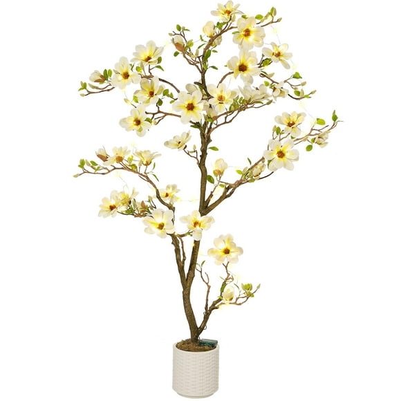 6 ft Faux Magnolia Tree with White Flowerpot and Custom Mosses, Fake Plants with Fake Green Leaves & Flowers, Artificial Plants Indoor Suitable for Living Room, Courtyard and Home Decor