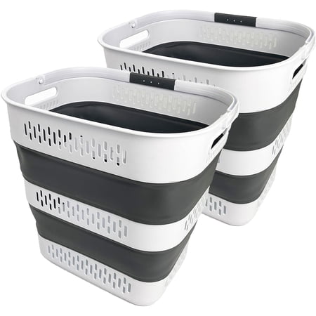 40L (10.5 Gallon) Collapsible Plastic Laundry Basket with Handles - Foldable Pop Up Storage Container/Organizer - Portable Laundry Hamper - Space Saving (2, White/Steel Grey)