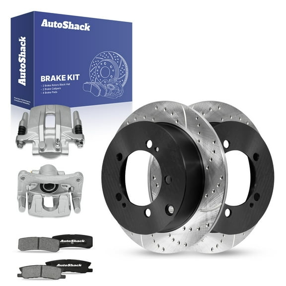 AutoShack Rear Drilled & Slotted Brake Rotors Ceramic Brake Pads Calipers | Replacement for 2009-2011 Mitsubishi Outlander 2.4L AWD FWD | E-Coated | 8-PC Brake Kit | ShadowGuard