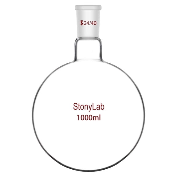StonyLab 1000ml Single Neck Round Bottom Flask, Heavy Wall Borosilicate Glass, 24/40 Outer Joint, 1L Lab Glassware