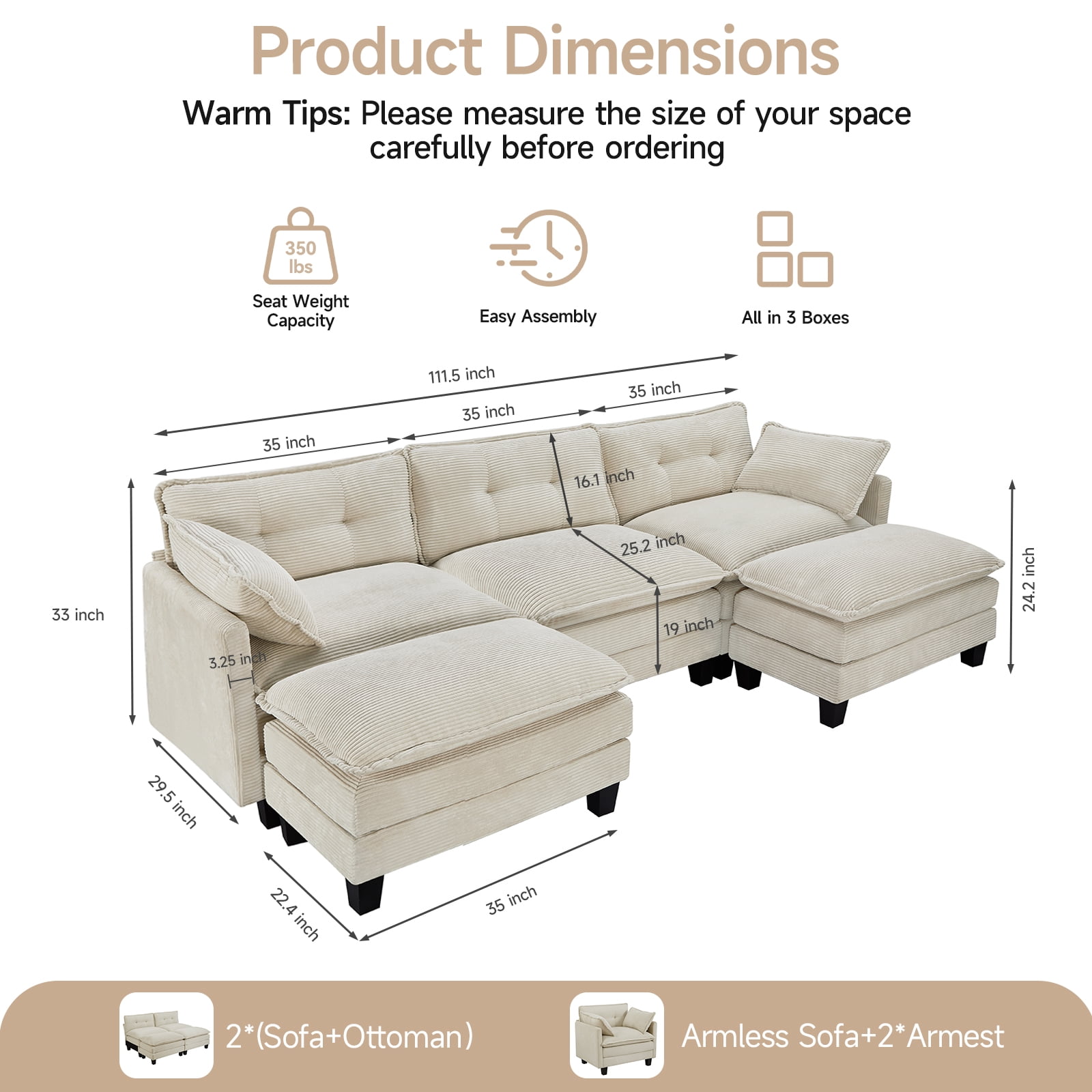Amsleekey 111.5" Modular Sectional Sofa with 2 Movable Ottomans, U-Shaped Corduroy Cloud Couch for Living Room, Super Comfy 3-Seat Daybed Bed, Beige