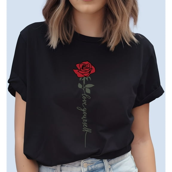 Red Rose Graphic Print T-Shirt For Women Casual Short Sleeve Tee 1 Pcs 100% Heavy Cotton - Comfortable Crew Neck, Soft Adorable Tees Tops