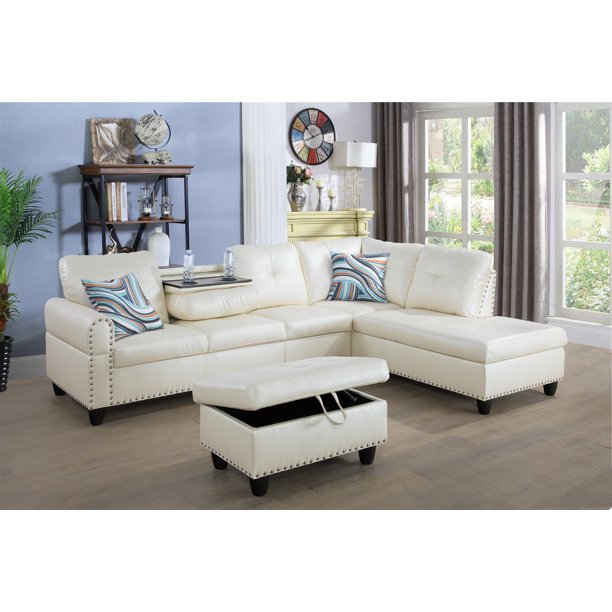 Ainehome 97.2" W White Faux Leather Living Room Sofa, L Shape Sectional
