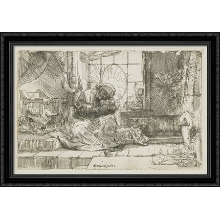 Rembrandt Cat Charm - The Virgin and the child with the cat and snake 40x28 Large Black Ornate Wood Framed Canvas Art by Rembrandt