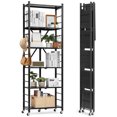 thumbnail image 1 of VEVOR 6-Tier Foldable Storage Shelf, 24W x 12D x 72H Inch Folding Metal Rack Shelving Unit, No Assembly Organizer Shelf with 5 Wheels & 4 Hooks for Pantry, Kitchen, Garage, Basement, Black, 1 of 9