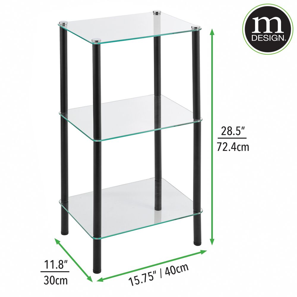 mDesign Metal/Glass 3-Tier Storage Tower, Narrow Shelving Display Unit, Open  Glass Shelves; Multi-Use Stand for Living Room, Bathroom, Home Office,  Hallway, Bedroom Organization Black/Clear