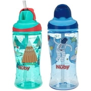Nuby Thirsty Kids No-Spill Flip-it Printed Boost Cup with Thin Soft Straw - 12oz, 18+ Months, adventure mountains/ space