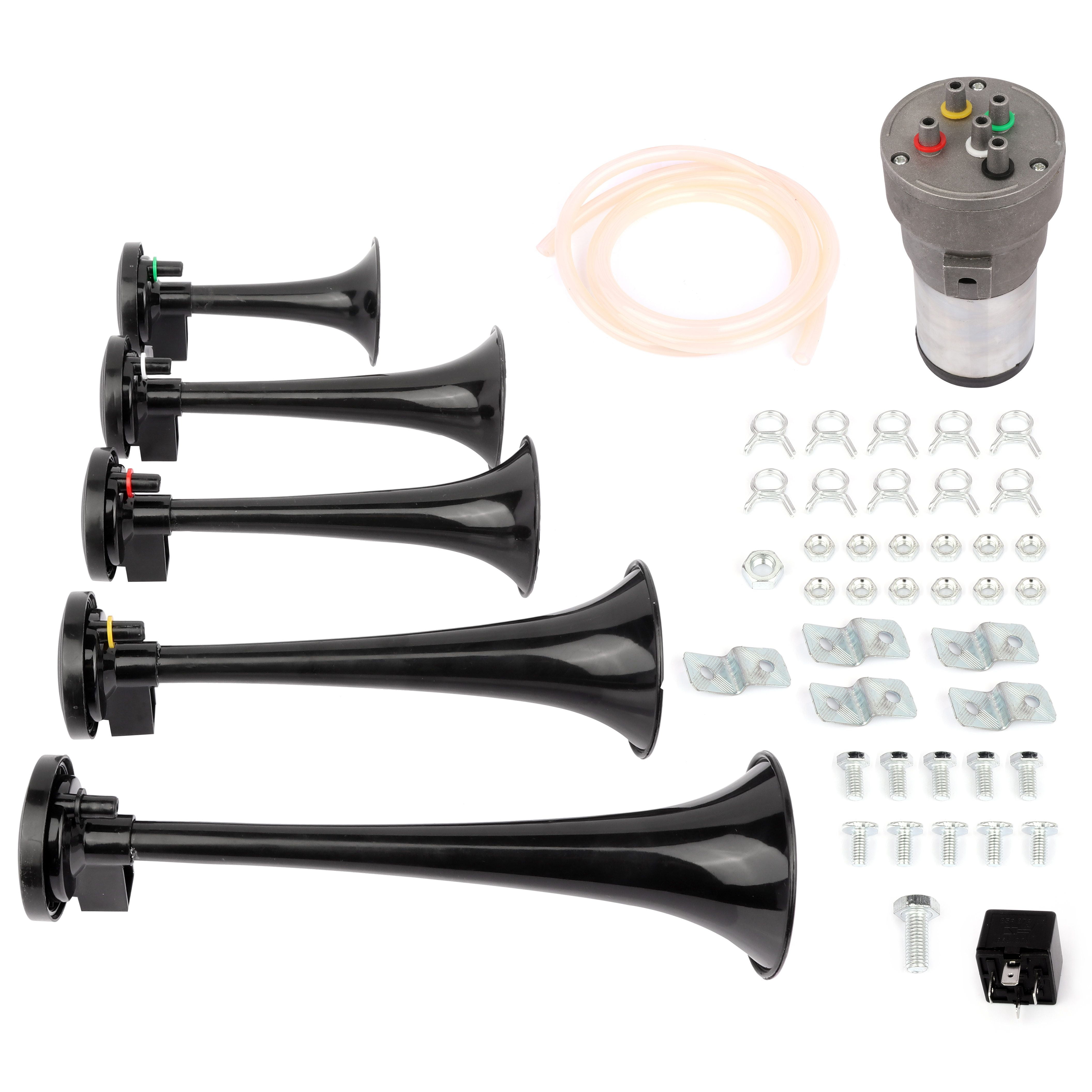 5 Trumpet Horn Kit with Compressor Loud Train Horn Dixie Musical Air  Horn12V 105db, Dixie Musical Air Horn Plastic(black) , Electric Trains  Horns for Any 12V Vehicles 