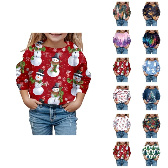 Chandails en Molleton de Noël Mignons pour Filles 2025 Manches Longues Col Rond Graphique Chandail pour Enfants