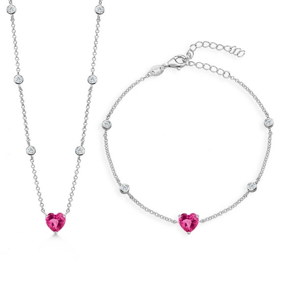 Gem Stone King 925 Sterling Silver Pink Created Sapphire and White Moissanite Necklace and Bracelet Jewelry Set for Women (3.30 Cttw, Gemstone September Birthstone, Heart Shape 7MM)