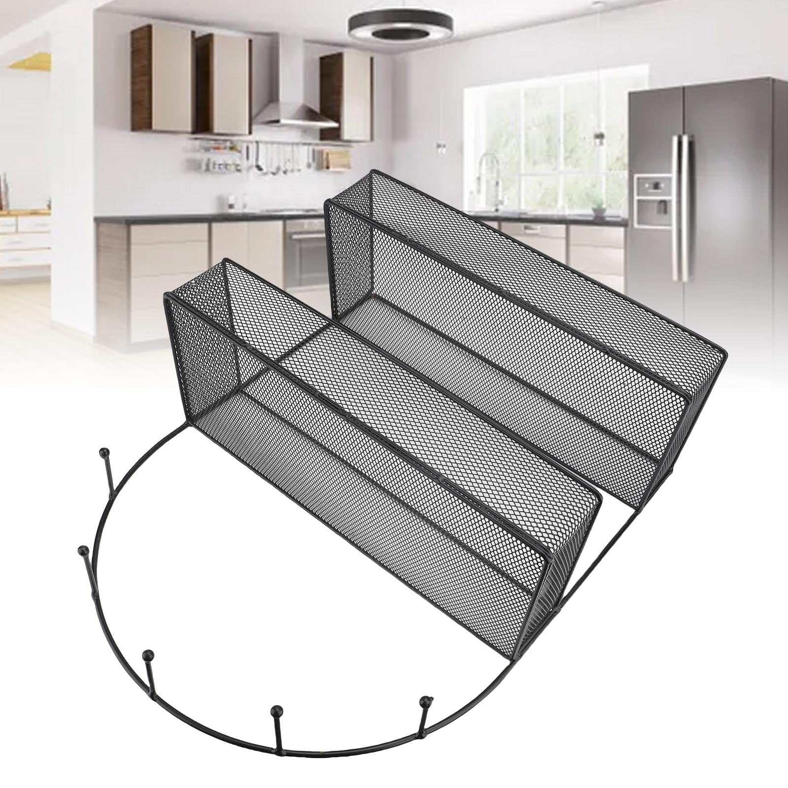 BIMZUC Fridge Side Hanging Rack 2 Tier Seasoning Storage Organizer Shelf with Hooks for Kitchen Black (14.2 x 5.9 in / 36 x 15 cm)