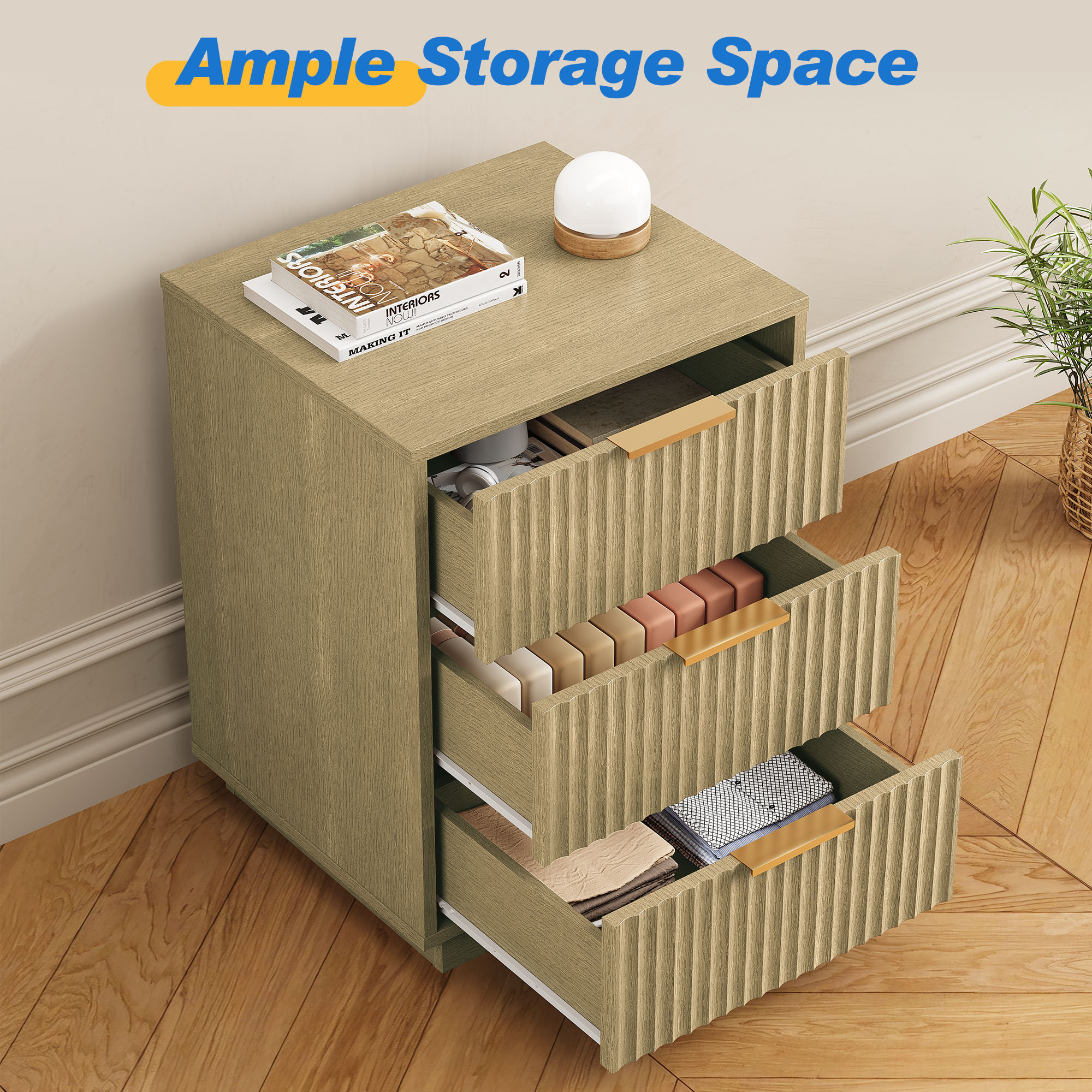 May in Color 3-Drawer Low Dresser, Compact Storage Cabinet with Wavy Drawer Fronts for Bedroom, Living Room, Entryway, or Hallway, Natural Wood Tone