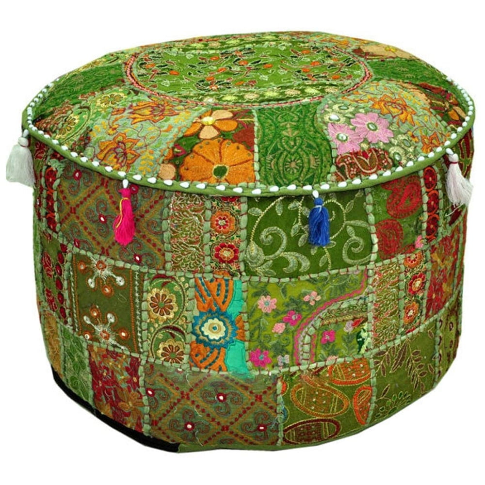 Embroidered Velvet Indian Fine Art Round Floor  Poufs Ottoman Pouffe Cover 