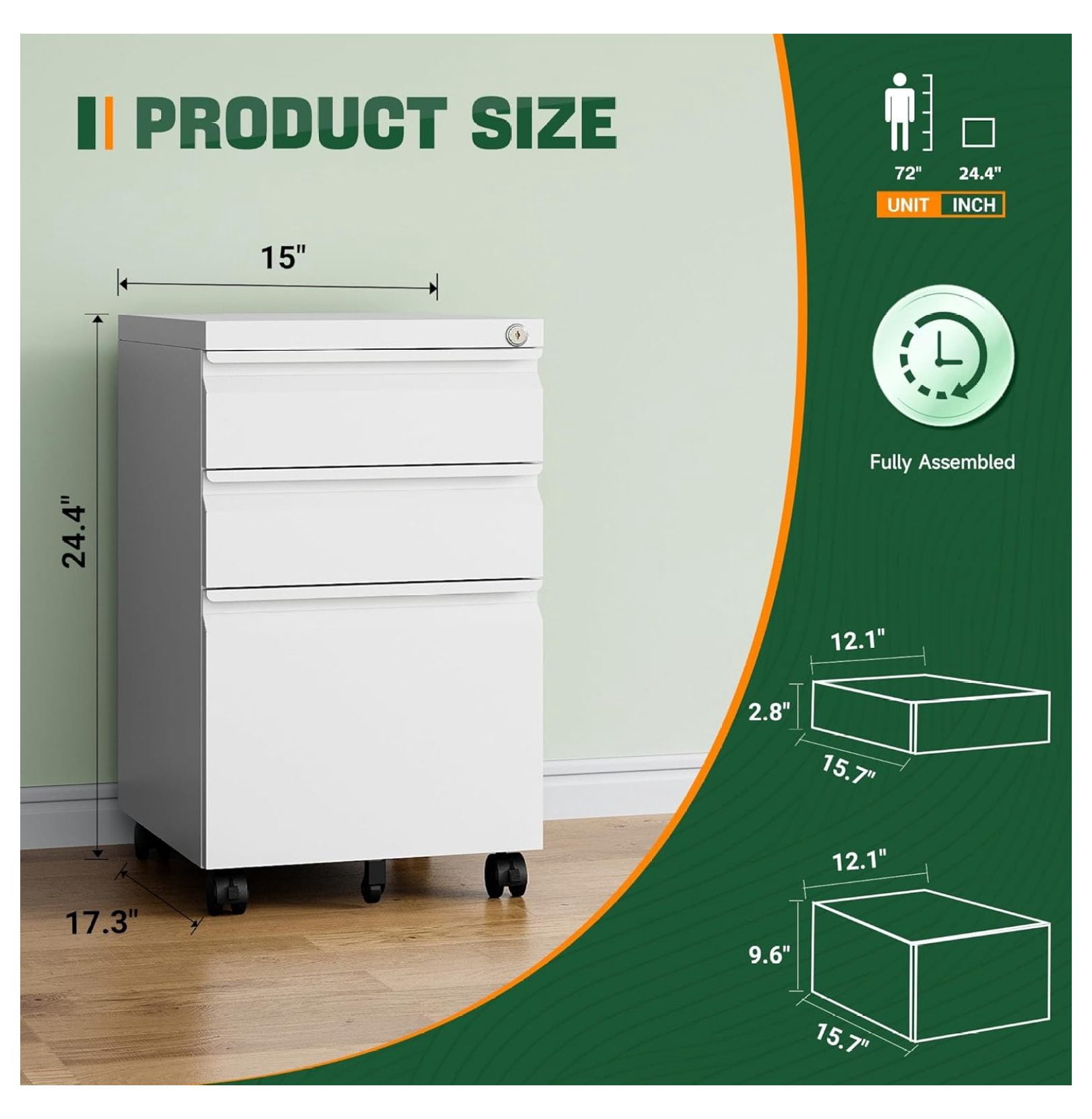 WDZS 3 Drawer Mobile File Cabinet with Lock, Under Desk Metal Filing Cabinets for Home Office Organizer Letters/Legal/A4(Fully Assembled-White)