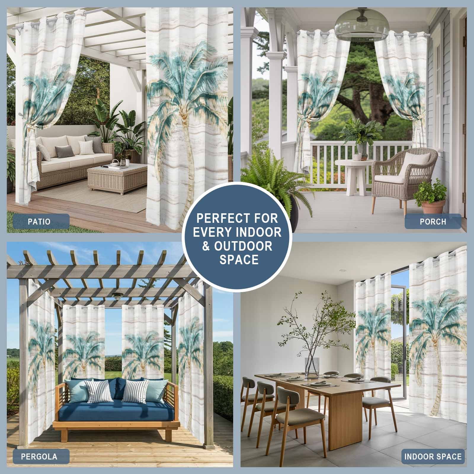 Palm Tree Outdoor Curtains for Patio, Vintage Green Tree Coastal Plant Modern Wood Striped Sunshade Privacy Drapes Grommet Waterproof Outside Curtains for Porch/Cabana/Balcony 54"x 108", 2 Panel