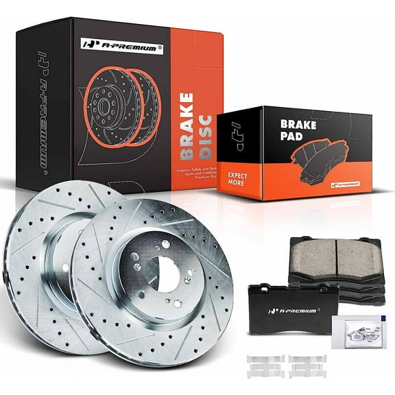 A-Premium 12.6 inch (320mm) Front Drilled and Slotted Disc Brake Rotors   Ceramic Pads Kit Compatible with Select Acura Models - RL 2005 2006 2007 2008 2009 2010 2011 2012, 6-PC Set